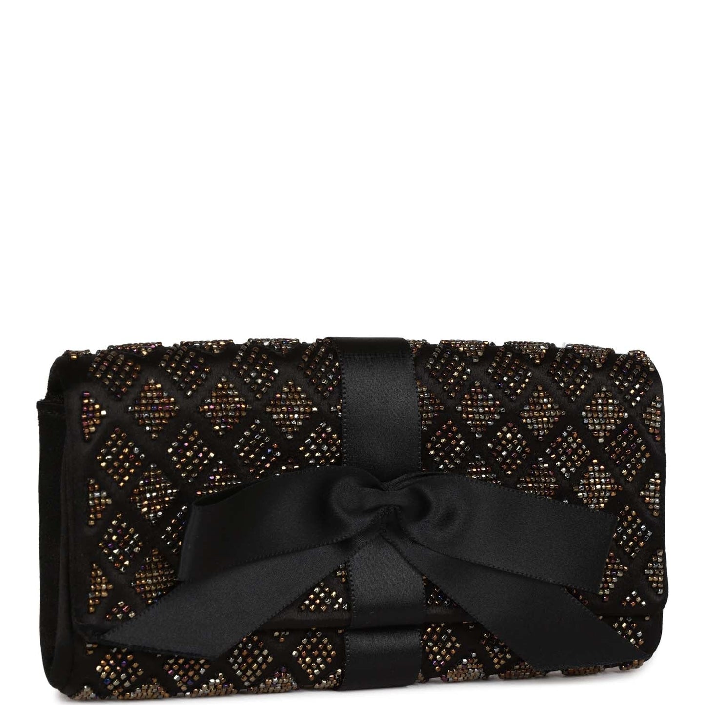 Chanel Vintage Bead Embellished Bow Flap Clutch Black Satin