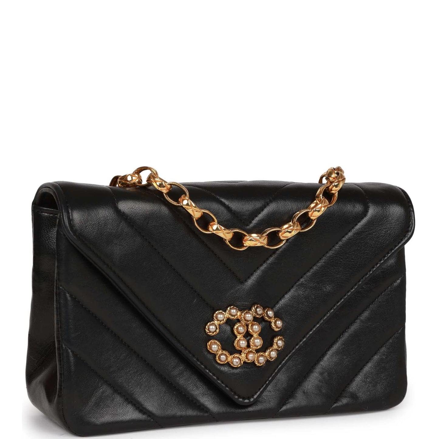 Chanel Vintage Faux Pearl Coco Bijou Mini Flap Bag Black Lambskin Gold Hardware