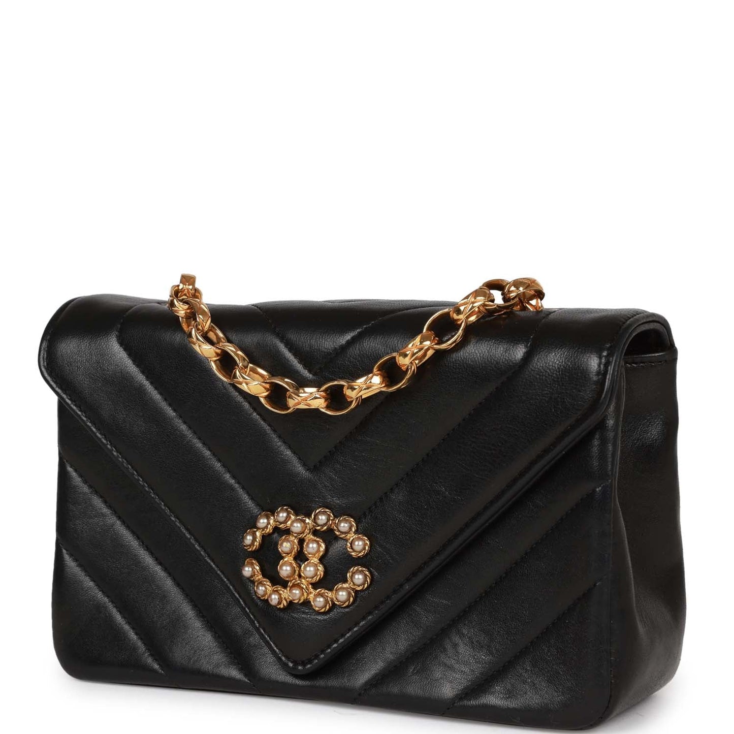Chanel Vintage Faux Pearl Coco Bijou Mini Flap Bag Black Lambskin Gold Hardware