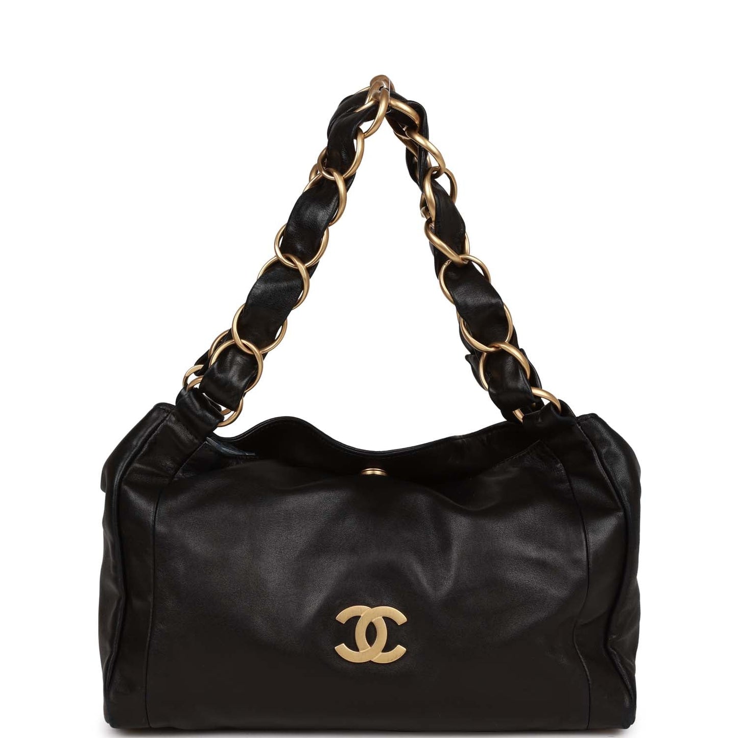 Chanel Vintage "Olsen" Hobo Shoulder Bag Black Lambskin Brushed Gold Hardware