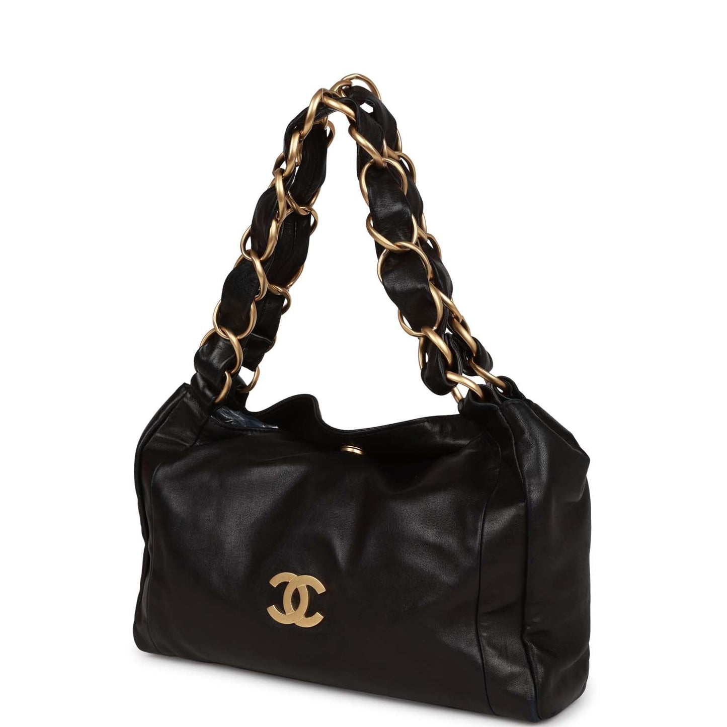 Chanel Vintage "Olsen" Hobo Shoulder Bag Black Lambskin Brushed Gold Hardware