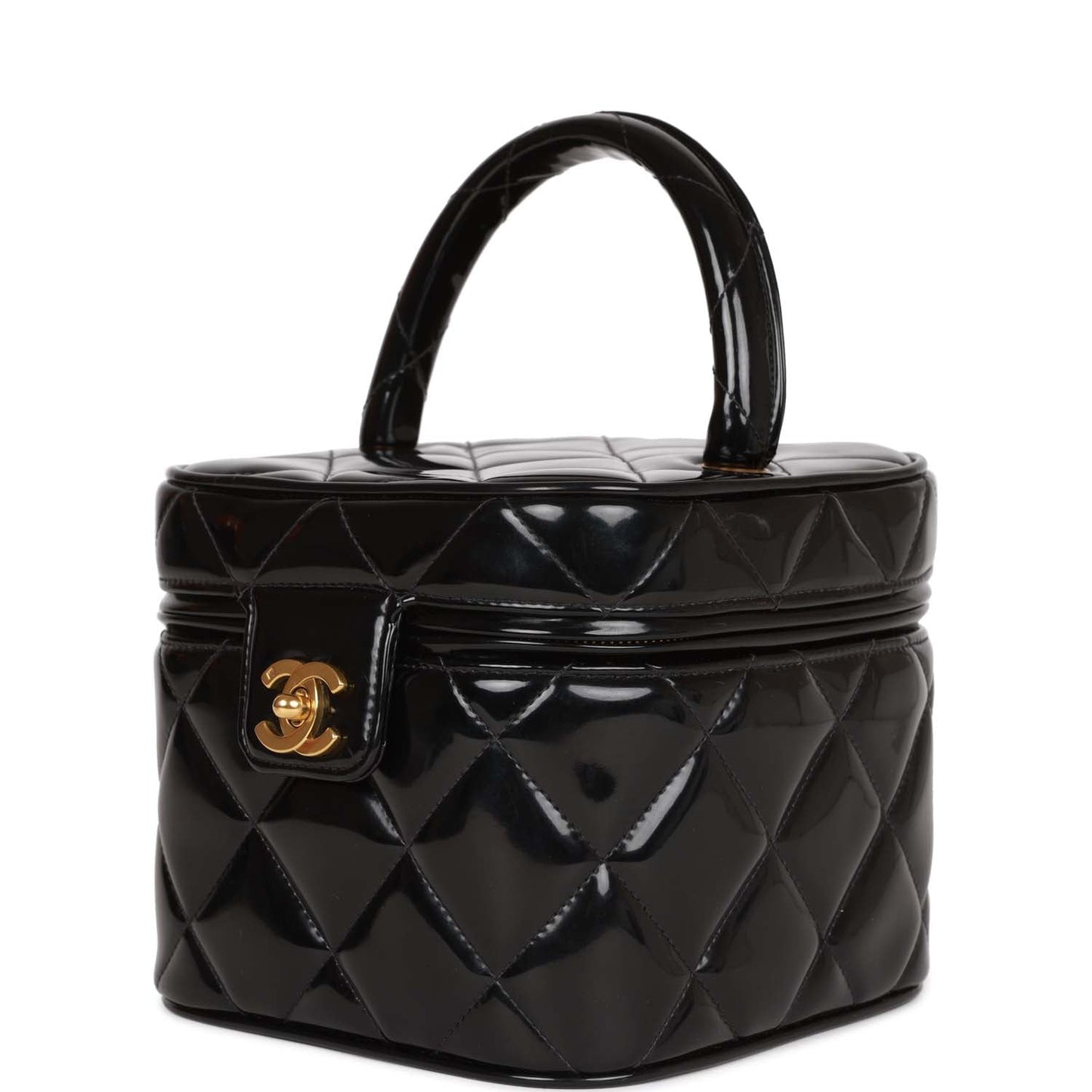 Chanel Vintage Vanity Heart Mirror Bag Black Patent Gold Hardware
