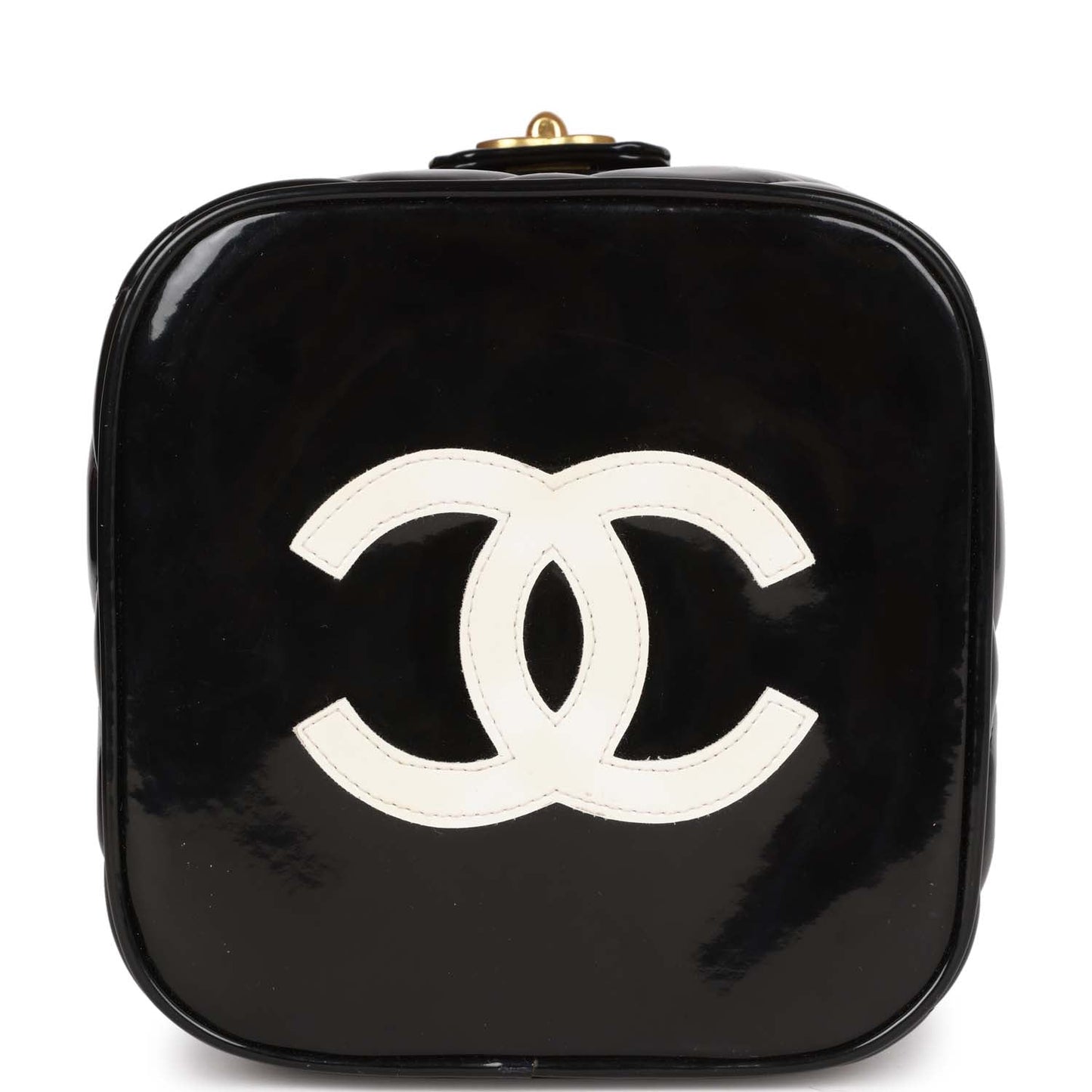 Chanel Vintage Vanity Heart Mirror Bag Black Patent Gold Hardware