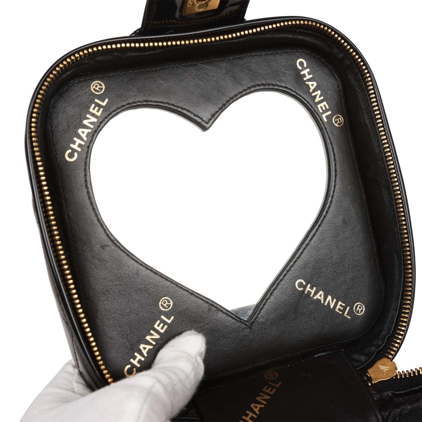 Chanel Vintage Vanity Heart Mirror Bag Black Patent Gold Hardware