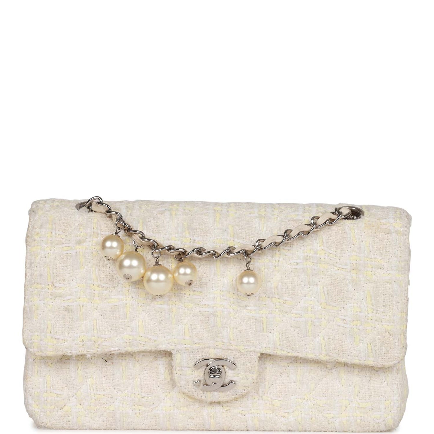 Chanel Vintage Medium Double Flap Bag White Tweed Silver Hardware