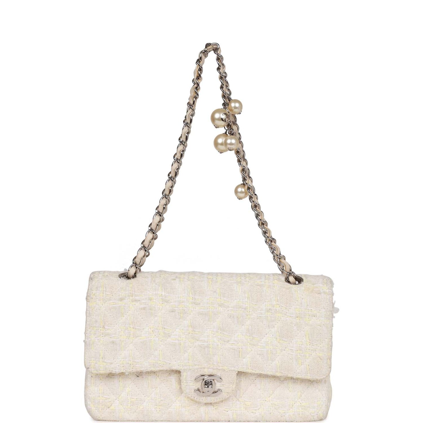 Chanel Vintage Medium Double Flap Bag White Tweed Silver Hardware