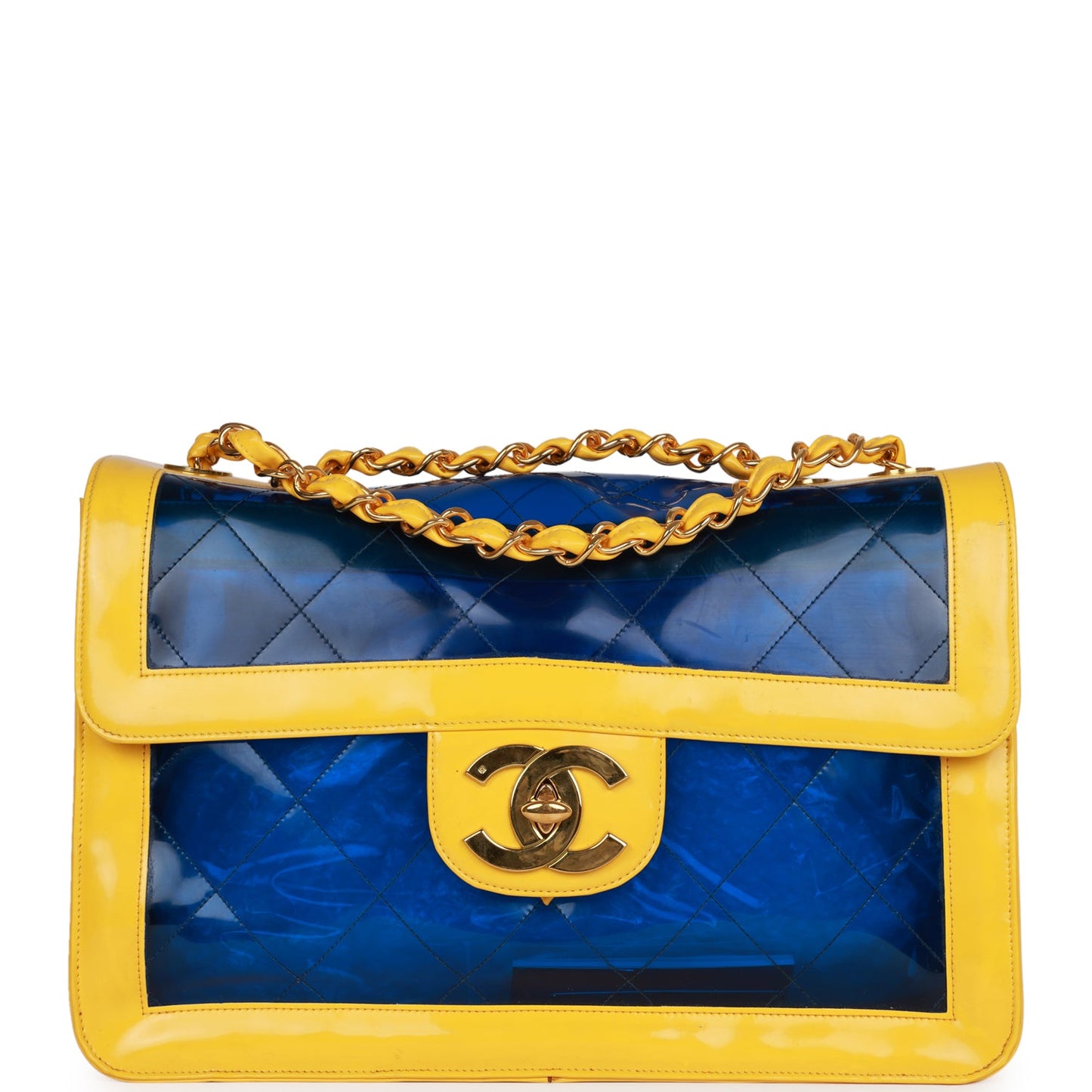 Chanel Vintage Maxi Flap Bag Yellow/Blue Quilted Patent Leather Gold Hardware