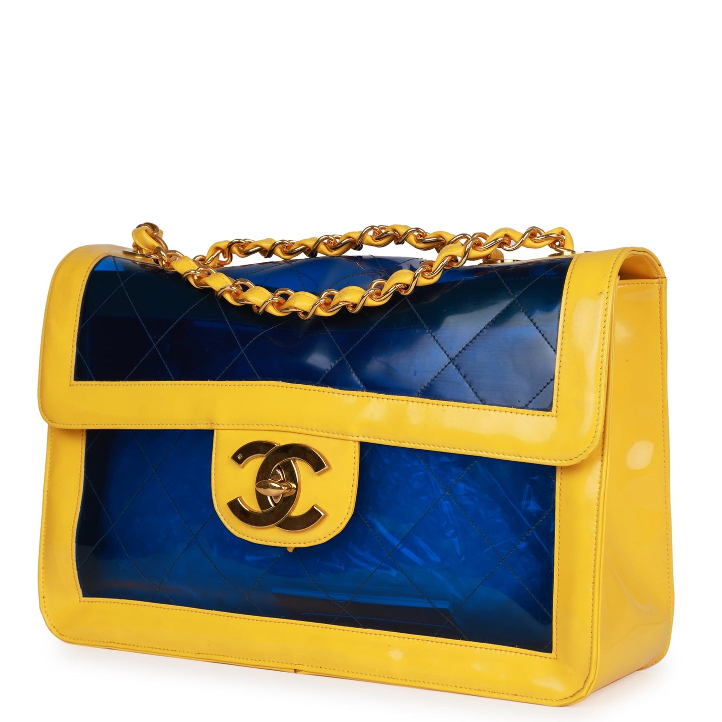 Chanel Vintage Maxi Flap Bag Yellow/Blue Quilted Patent Leather Gold Hardware