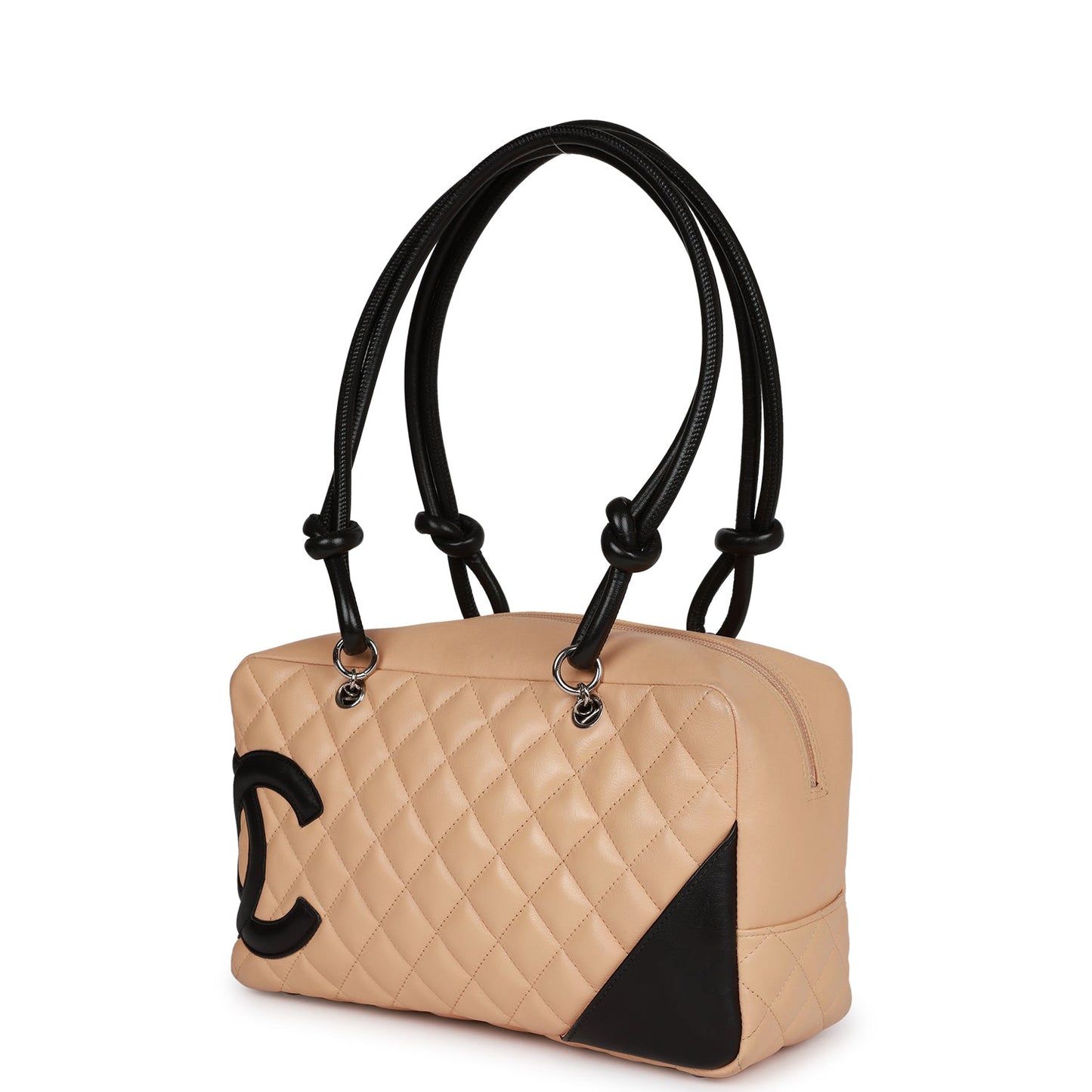 Chanel Vintage Cambon Bowler Bag Beige and Black Calfskin Silver Hardware