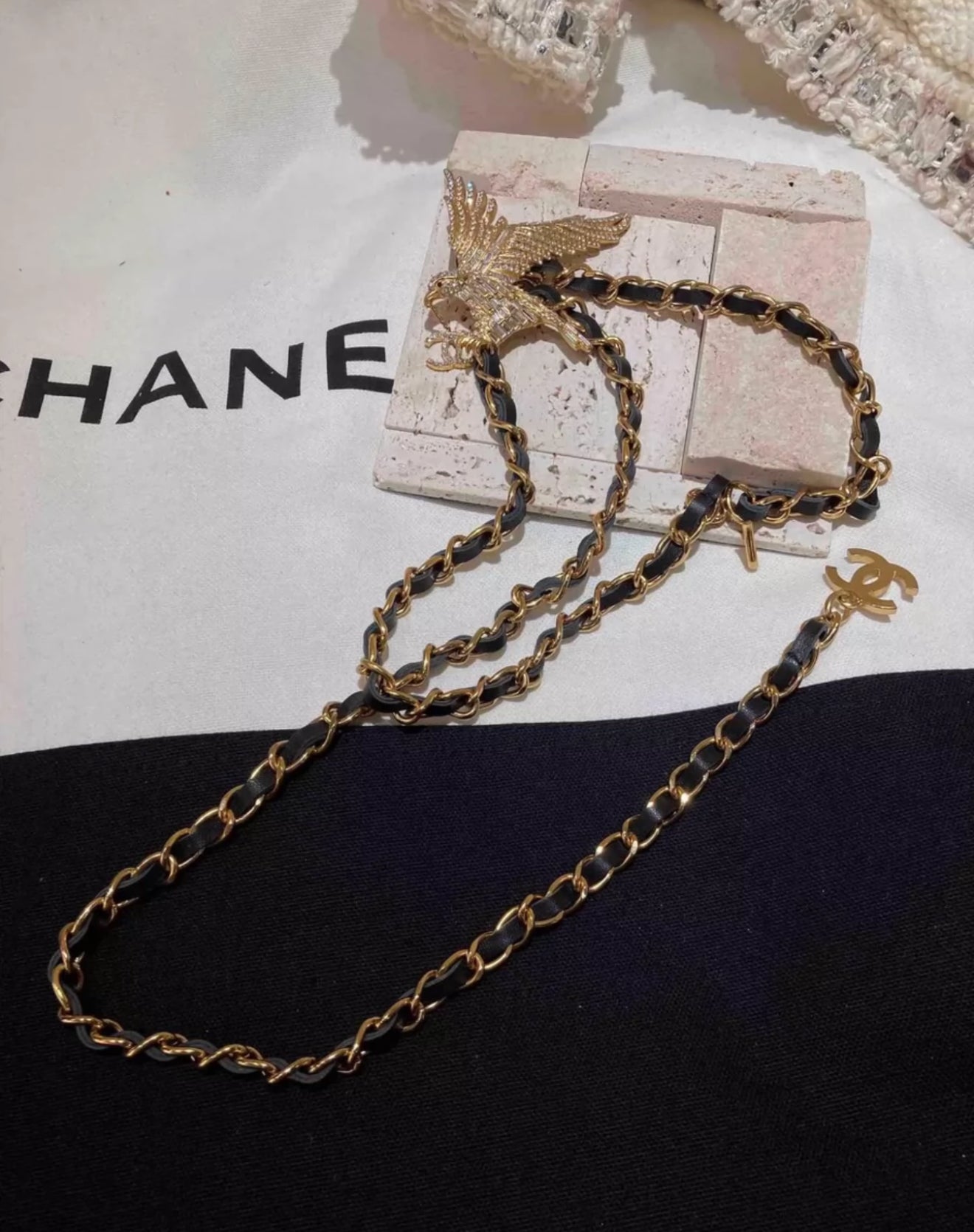 Vintage CHANEL Jeweled Eagle Chain Leather Necklace Belt