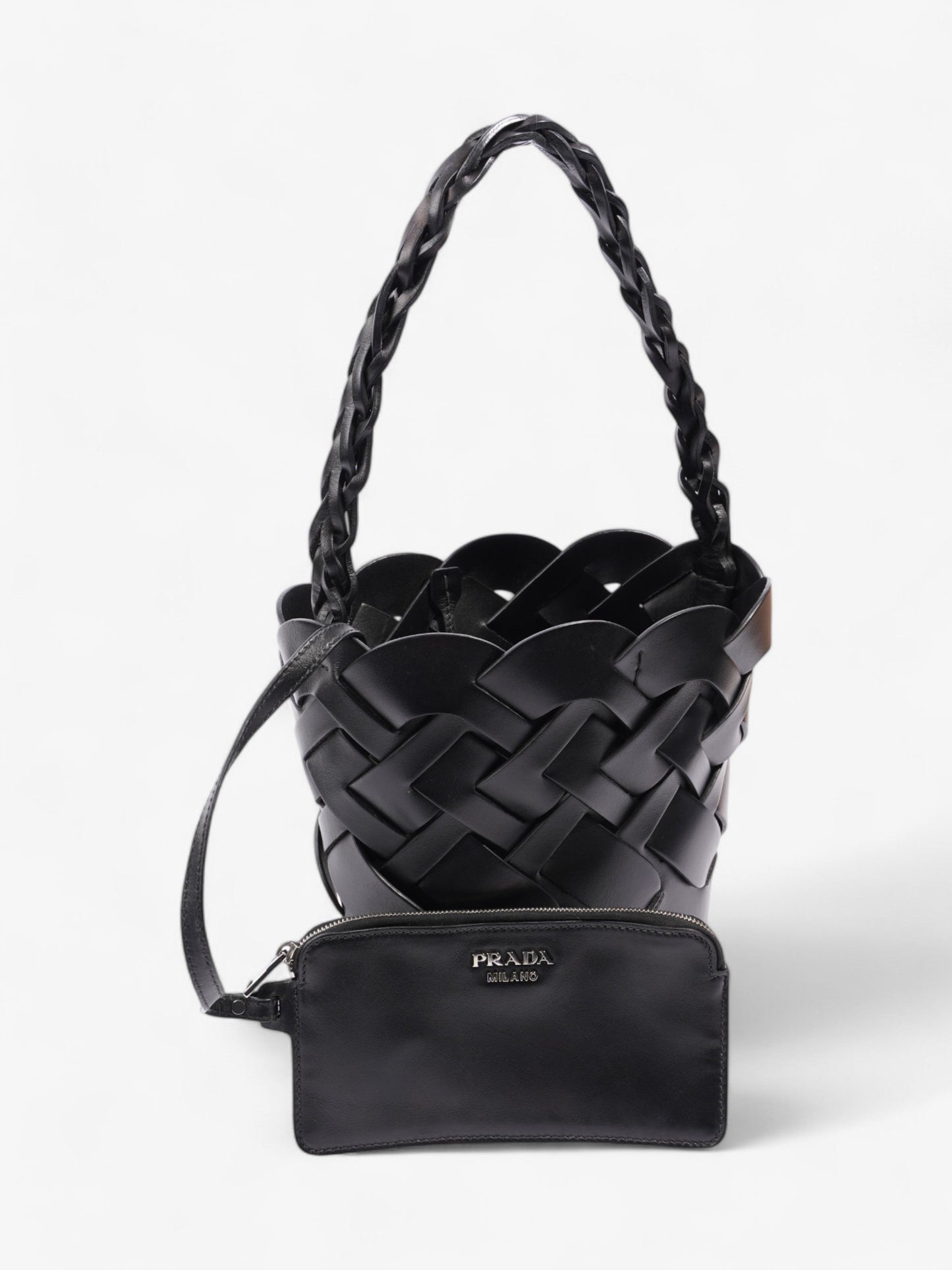 Prada Woven Bucket Bag Black Leather