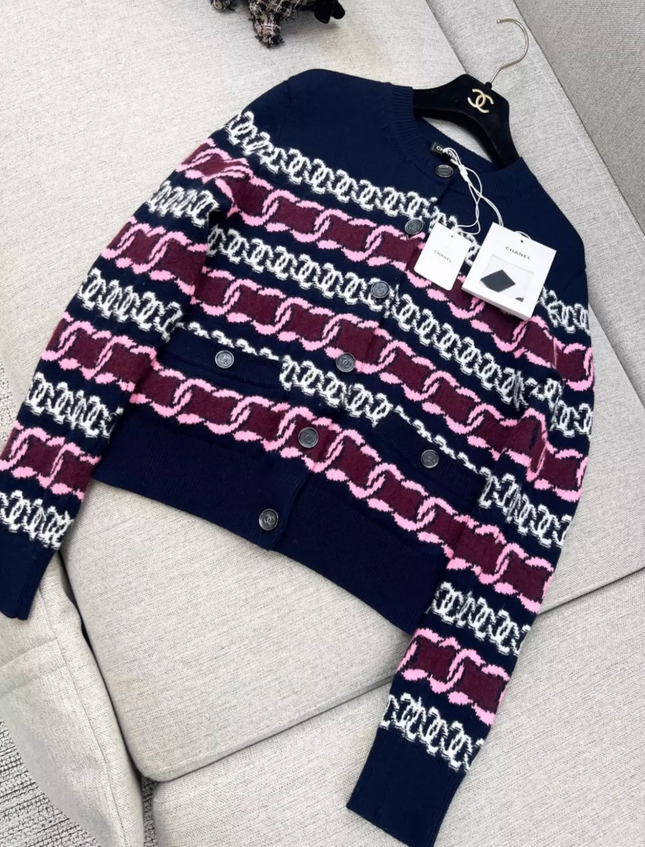 Chanel 23B navy blue, Burgundy, pink & white cardigan