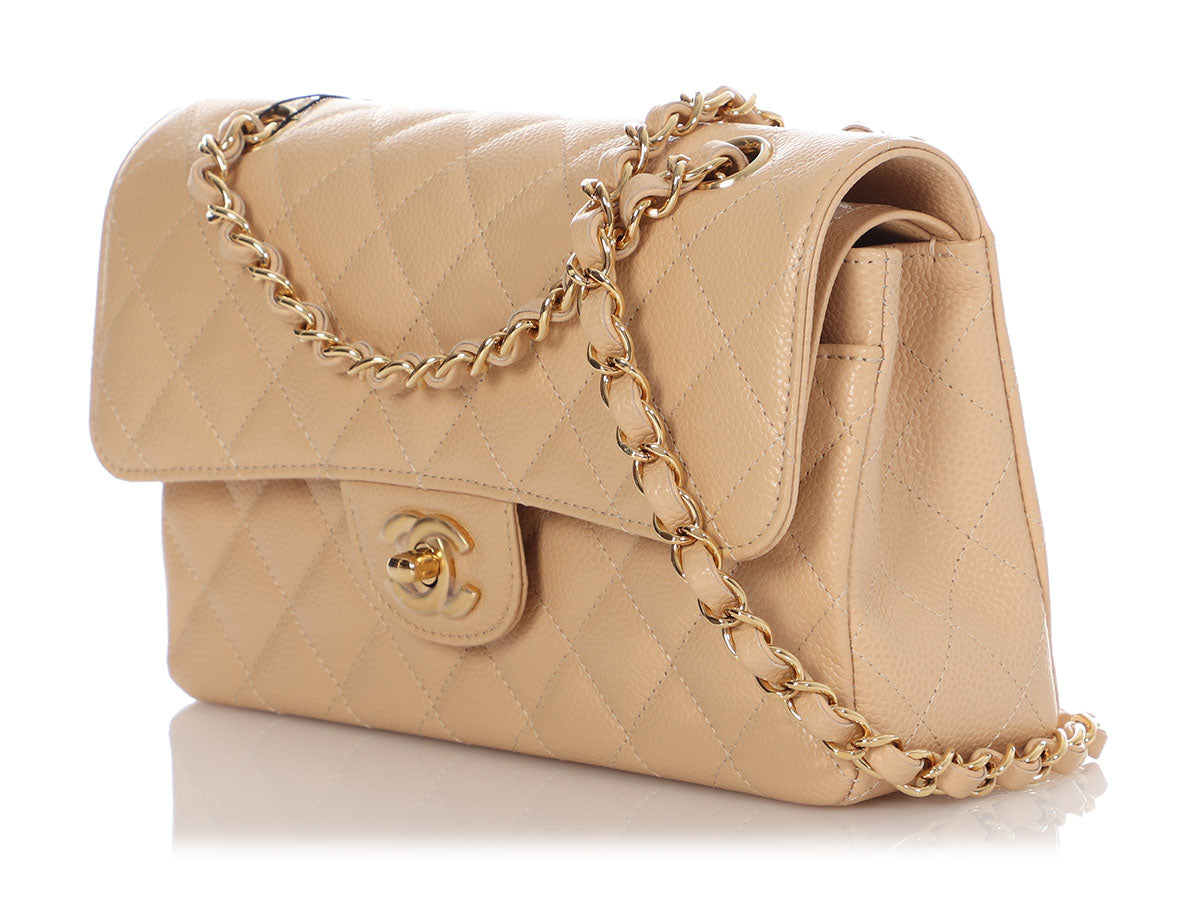 Chanel Small Beige Claire Quilted Caviar Classic Double Flap