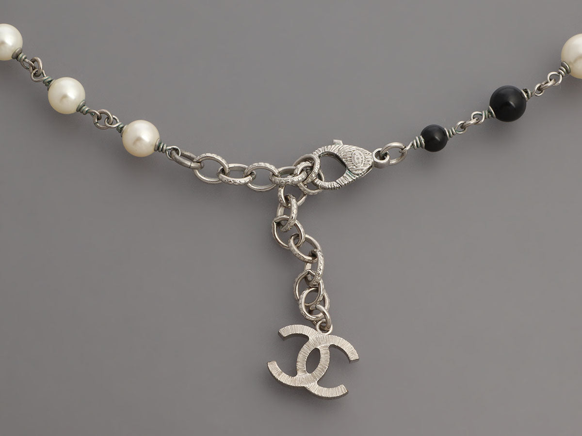 Chanel Long Black Beads, Pearls, and Crystal Logos Necklace