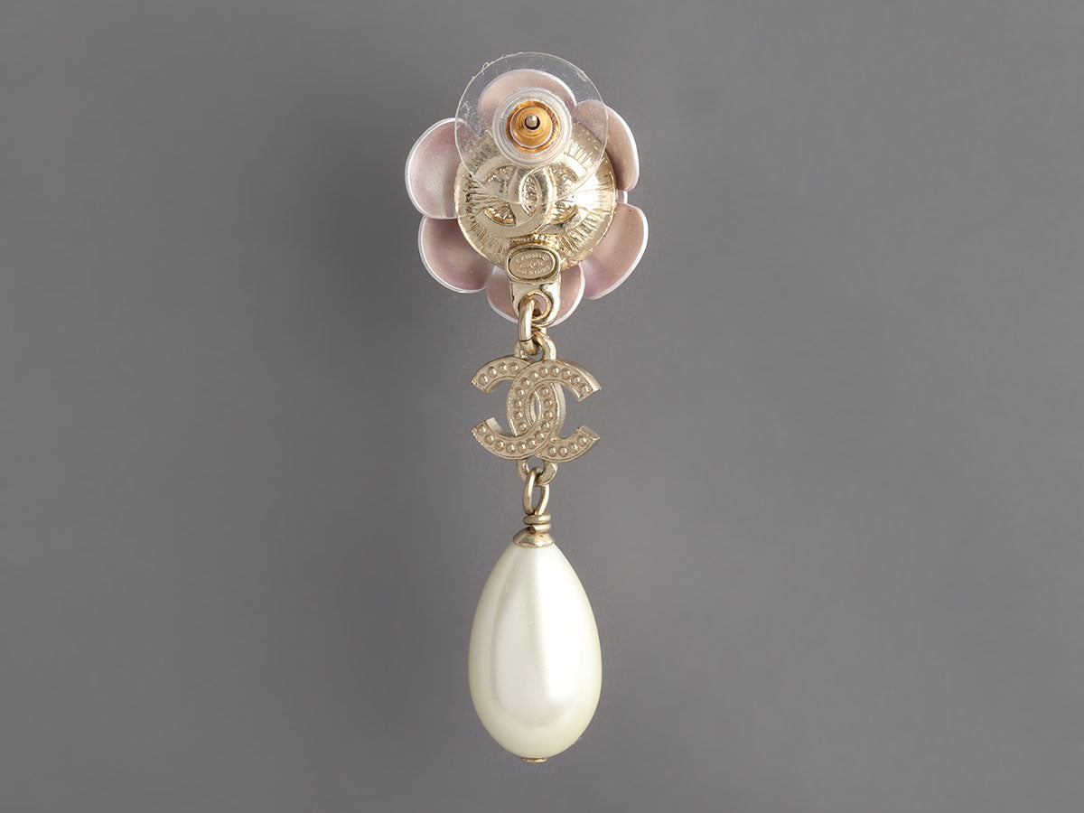 Chanel Large Pearl and Crystal Camellia Pierced Drop Earrings