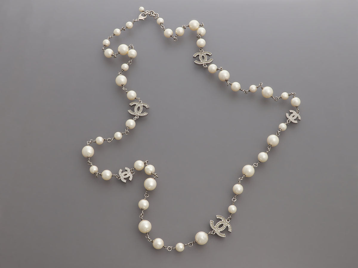 Chanel Long Pearl and Crystal Logo Necklace