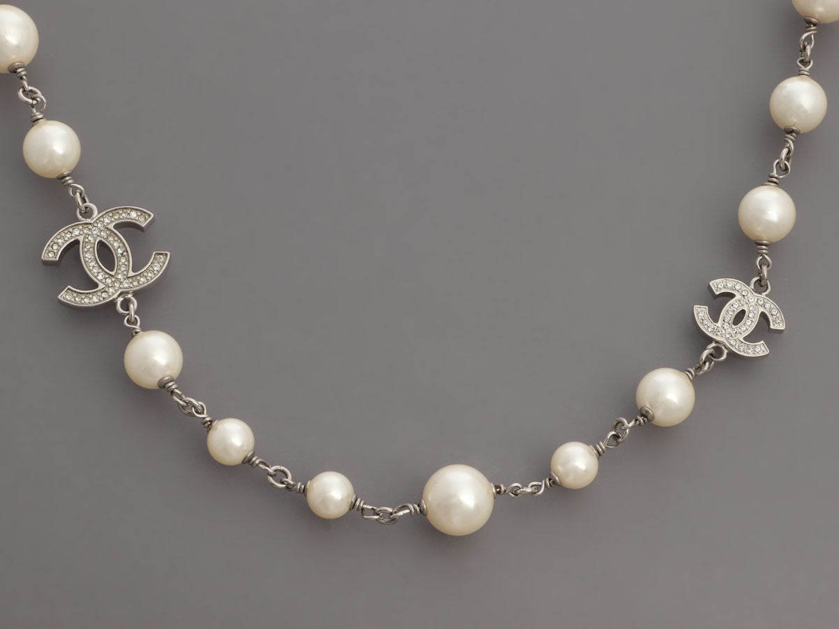 Chanel Long Pearl and Crystal Logo Necklace