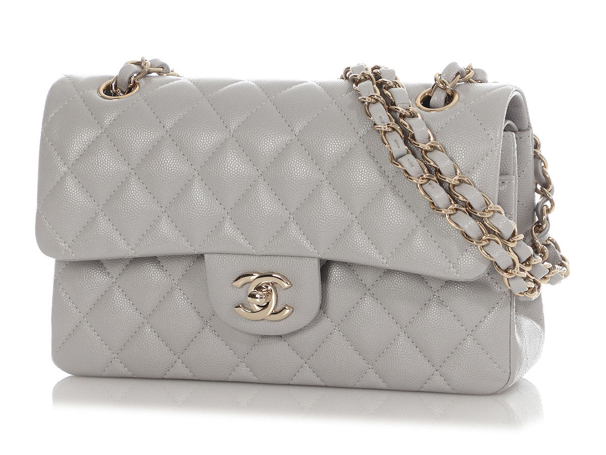 Chanel Small Light Gray Quilted Caviar Classic Double Flap