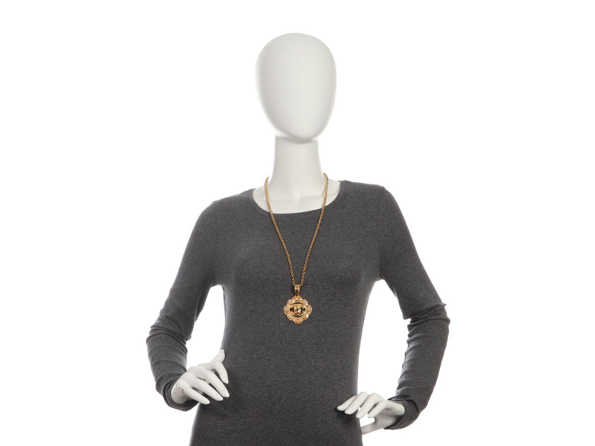 Chanel Vintage Long Pearl Logo Medallion Pendant Necklace