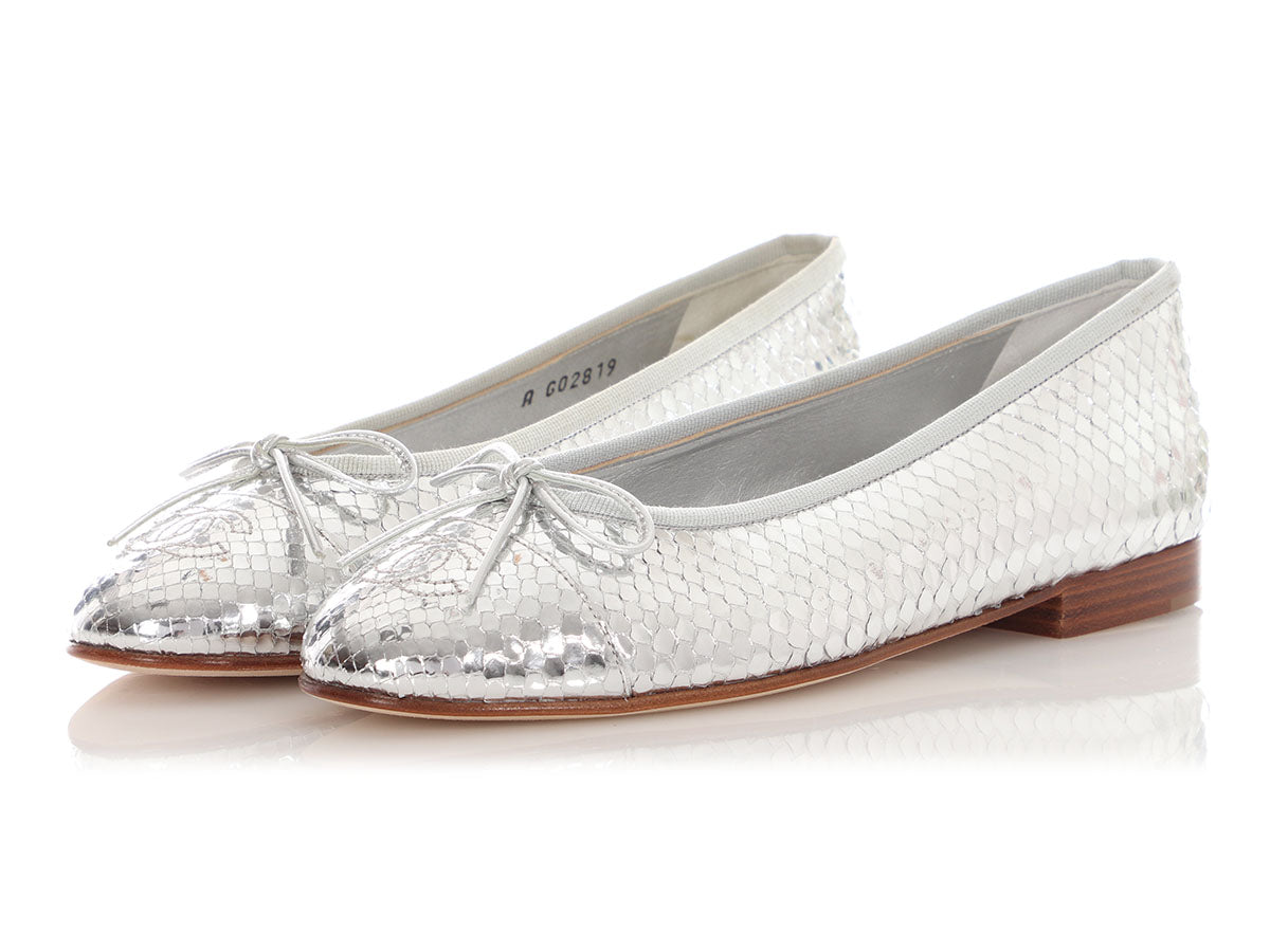 Chanel Silver Mirror Effect Python Ballet Flats