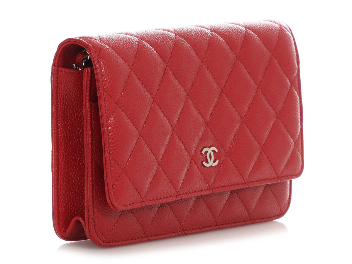 Chanel Red Quilted Caviar Wallet On Chain WOC