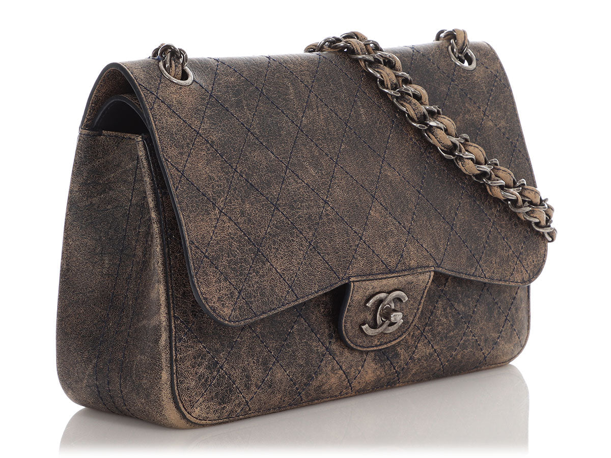 Chanel Jumbo Taupe and Navy Distressed Calfskin Paris-Cuba Classic Double Flap