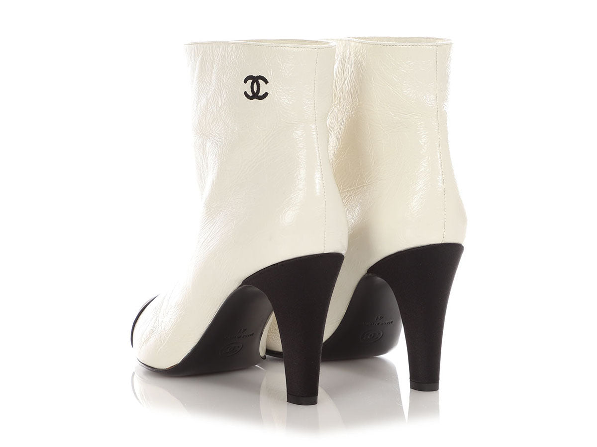 Chanel White Crinkled Patent Capped Toe Booties
