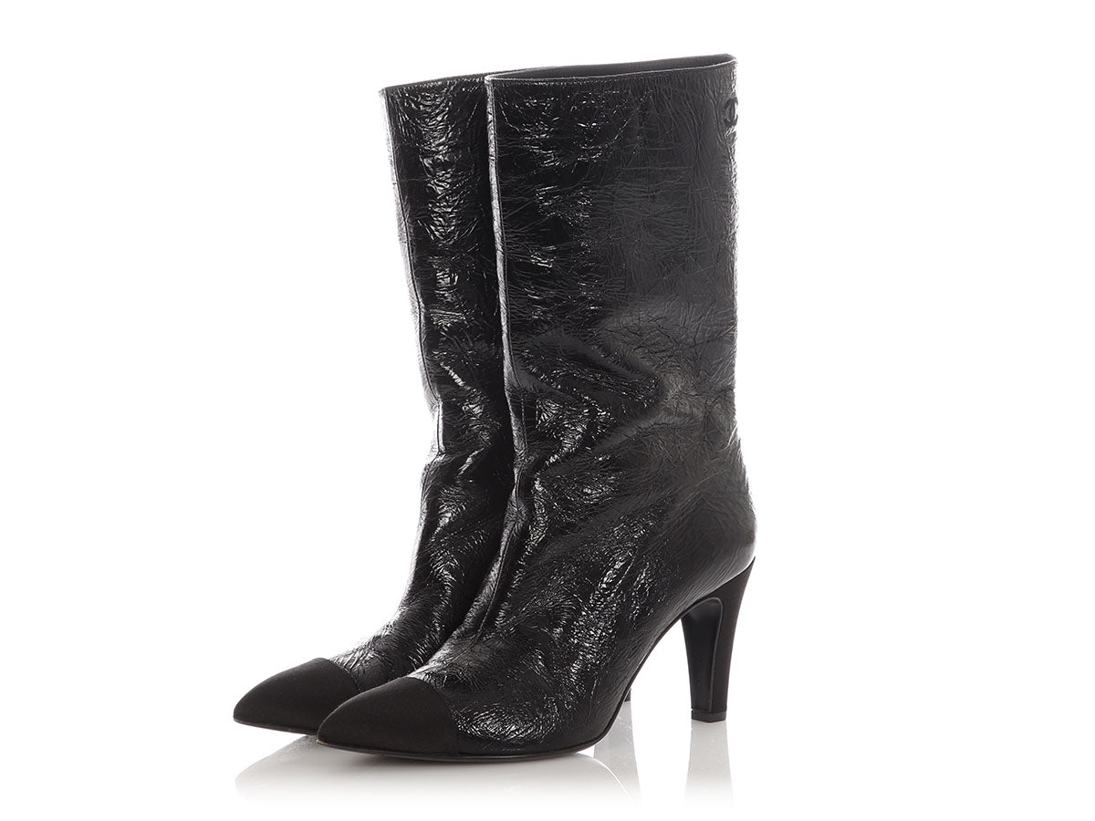 Chanel Black Crinkled Patent Gabrielle Cap Toe Boots