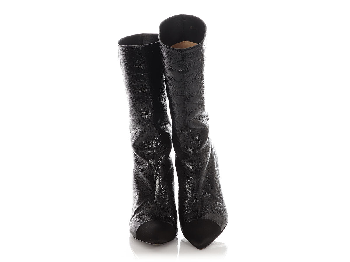 Chanel Black Crinkled Patent Gabrielle Cap Toe Boots