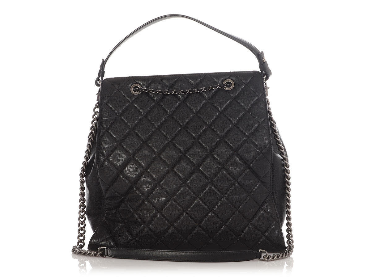 Chanel Large Black Quilted Soft Caviar CC Accordion Bucket Bag