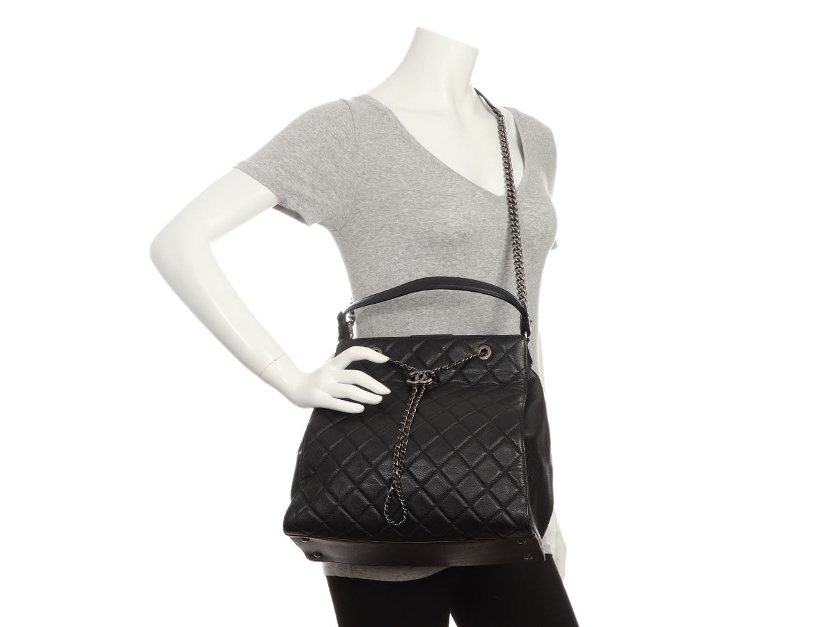 Chanel Large Black Quilted Soft Caviar CC Accordion Bucket Bag