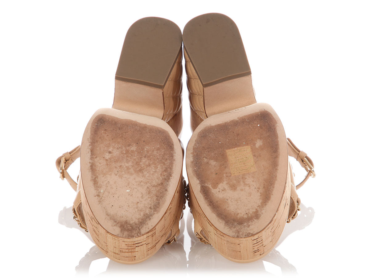 Chanel Beige Lambskin and Chain Cork Platform Sandals