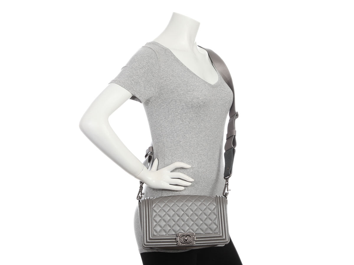 Chanel Old Medium Pewter Quilted Lambskin Boy Bag