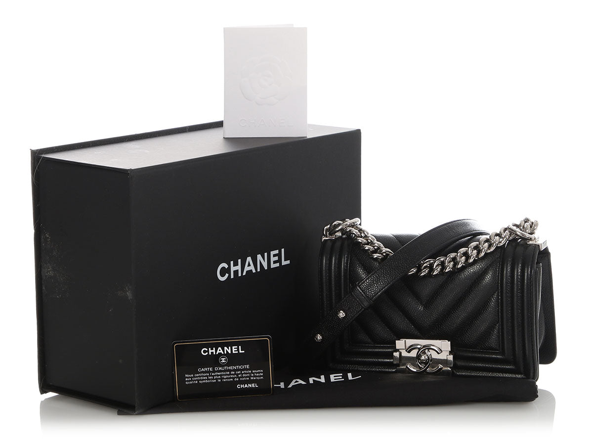 Chanel Small Black Chevron-Quilted Caviar Boy Bag