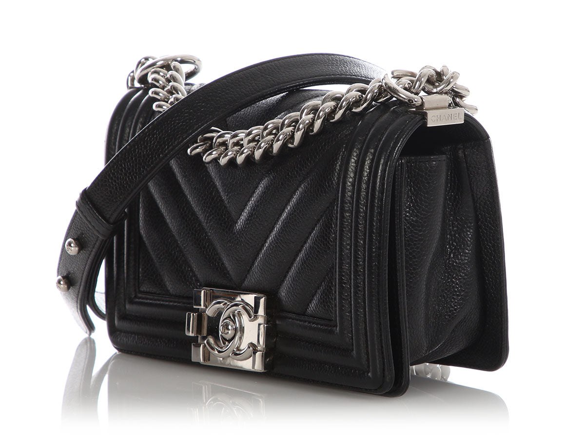 Chanel Small Black Chevron-Quilted Caviar Boy Bag