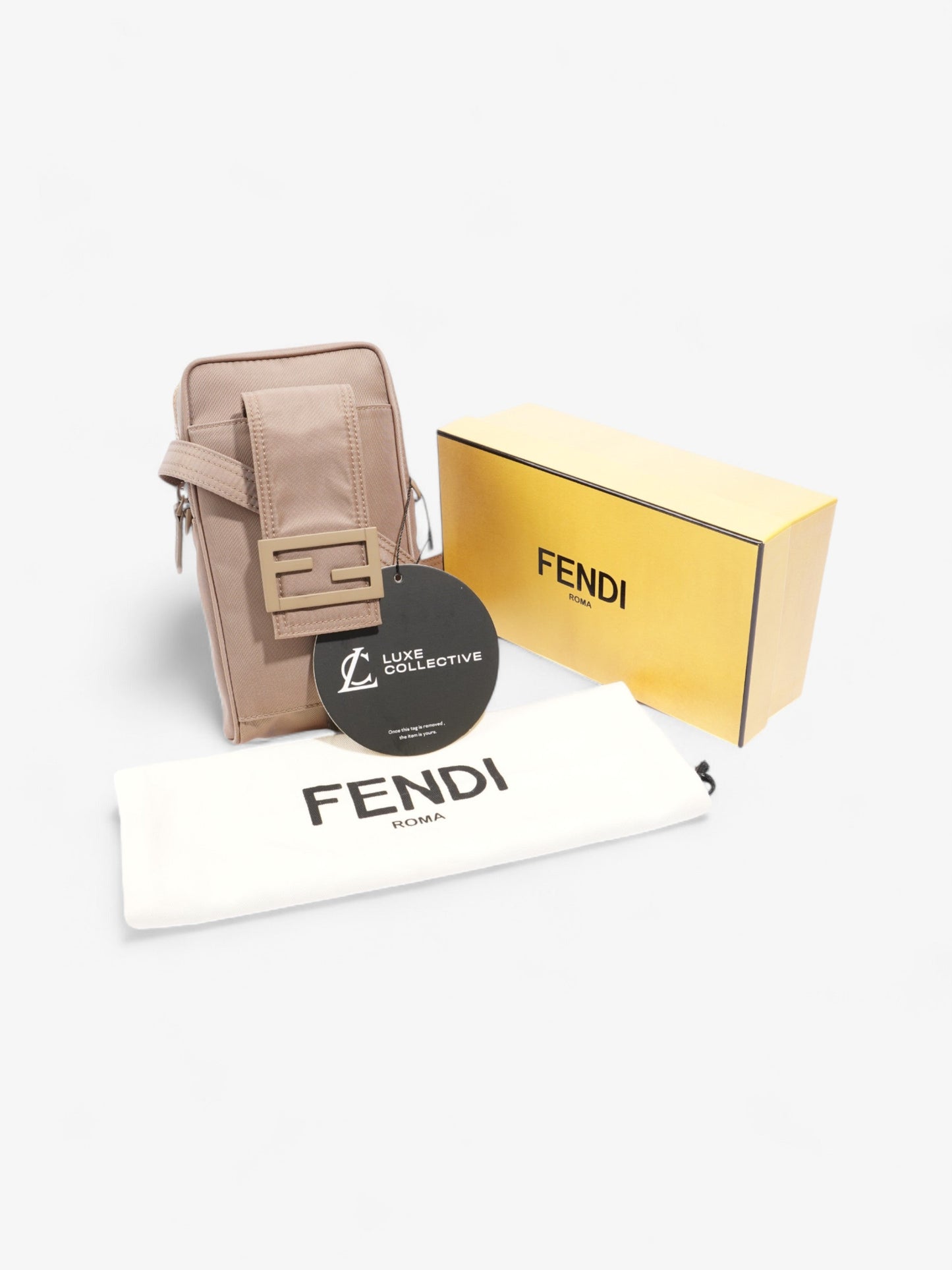 Fendi Logo Plaque Messenger Bag Beige Nylon