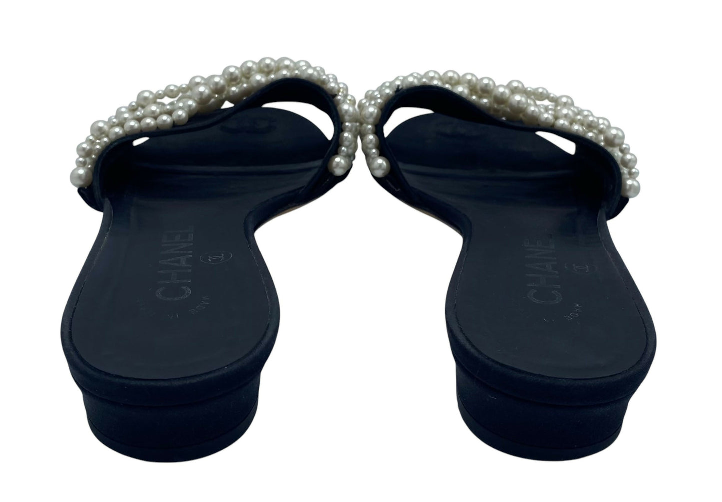 Chanel Classic Black White Pearl Slides Flats Sandals EU 39