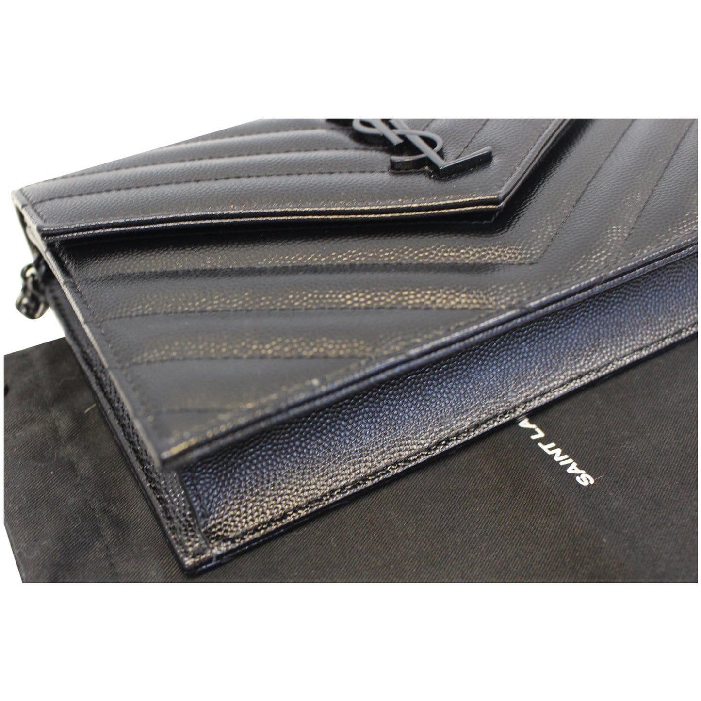 YVES SAINT LAURENT Matelasse Chevron Grain De Poudre Envelope Chain Wallet Black