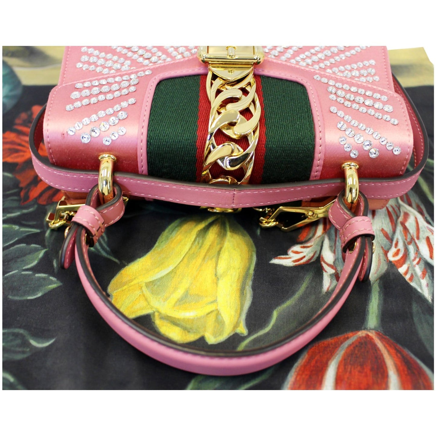 GUCCI Mini Sylvie Satin Crystal Shoulder Bag Peony
