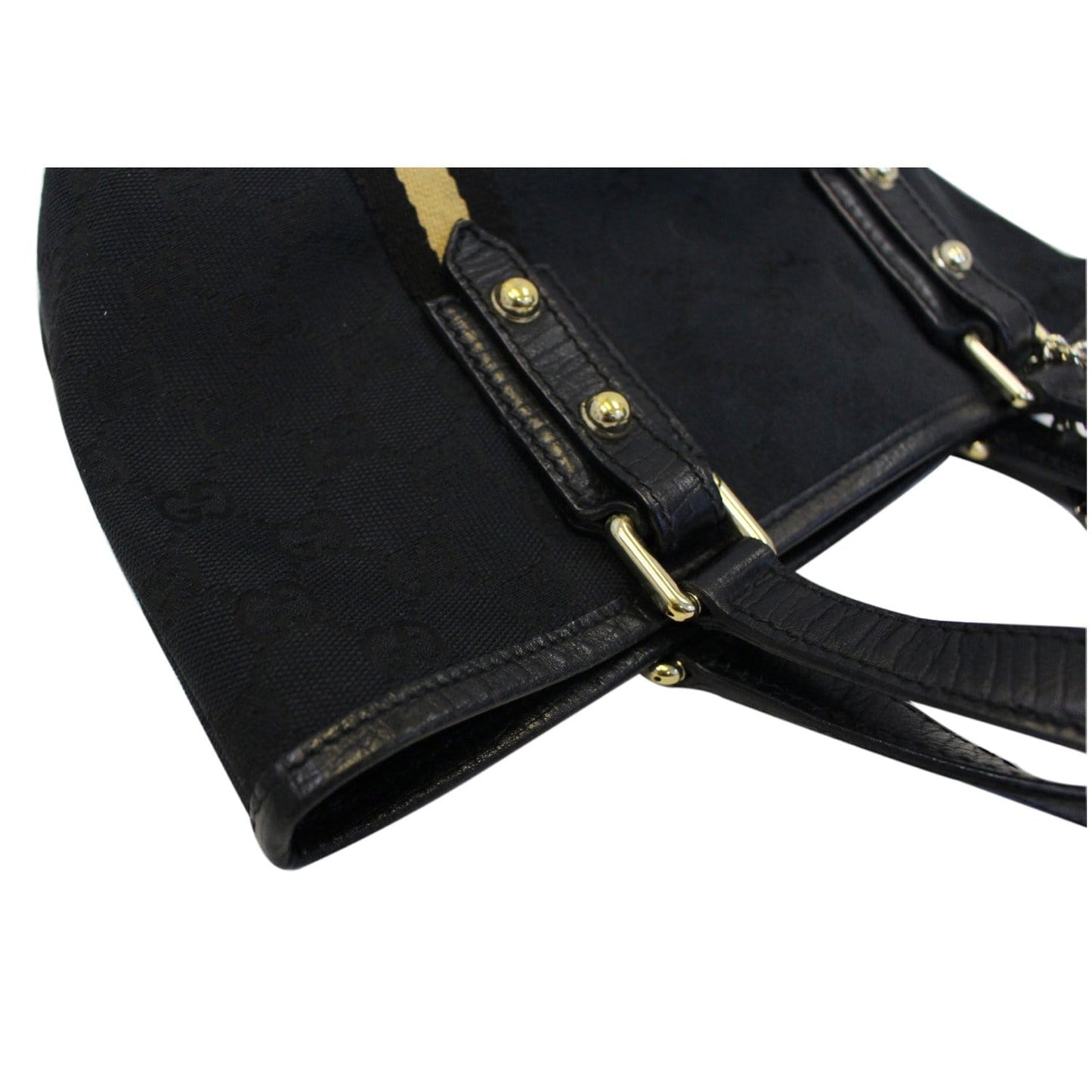 GUCCI Black GG Canvas Jolicoeur Yellow Stripe Small Tote Bag