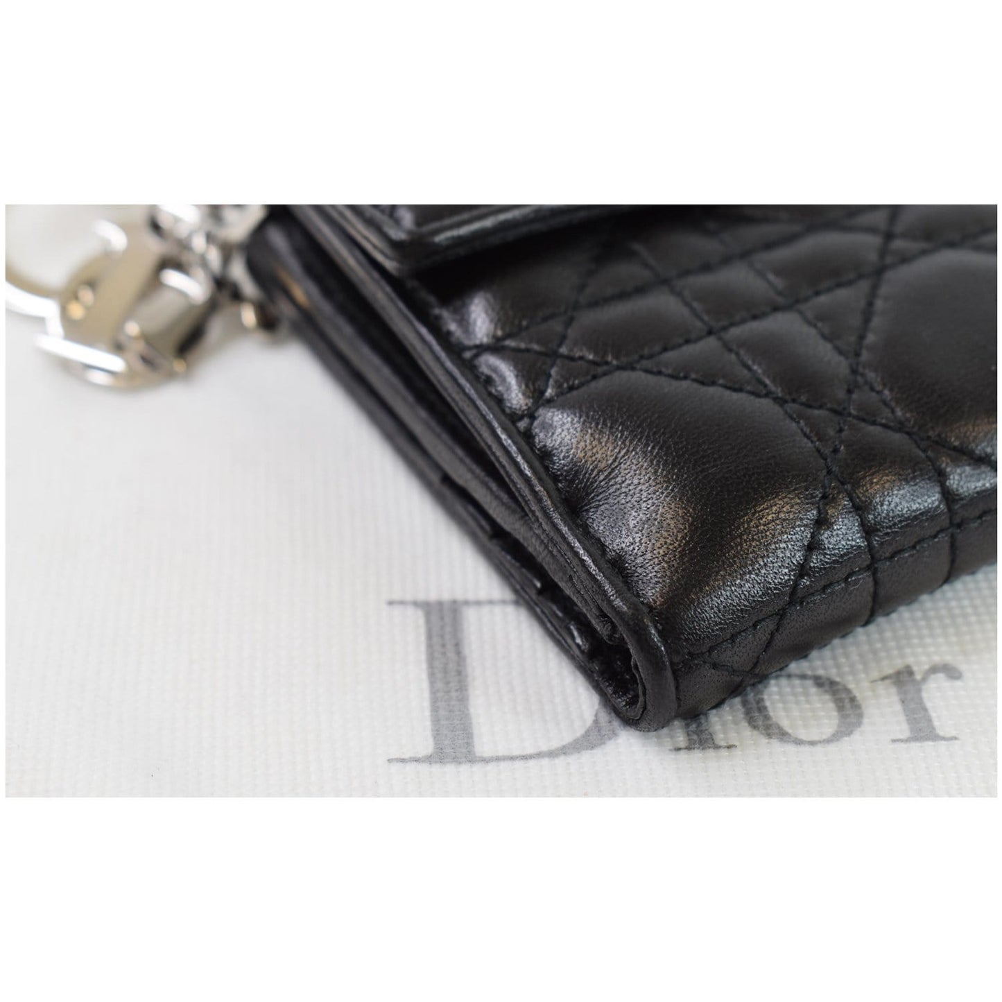 CHRISTIAN DIOR Cannage Lady Dior Charm Leather Wallet Black