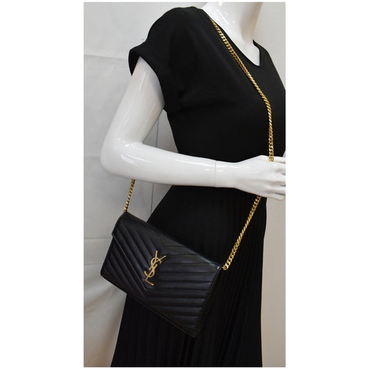 YVES SAINT LAURENT Envelope Monogram Leather Crossbody Chain Wallet Black