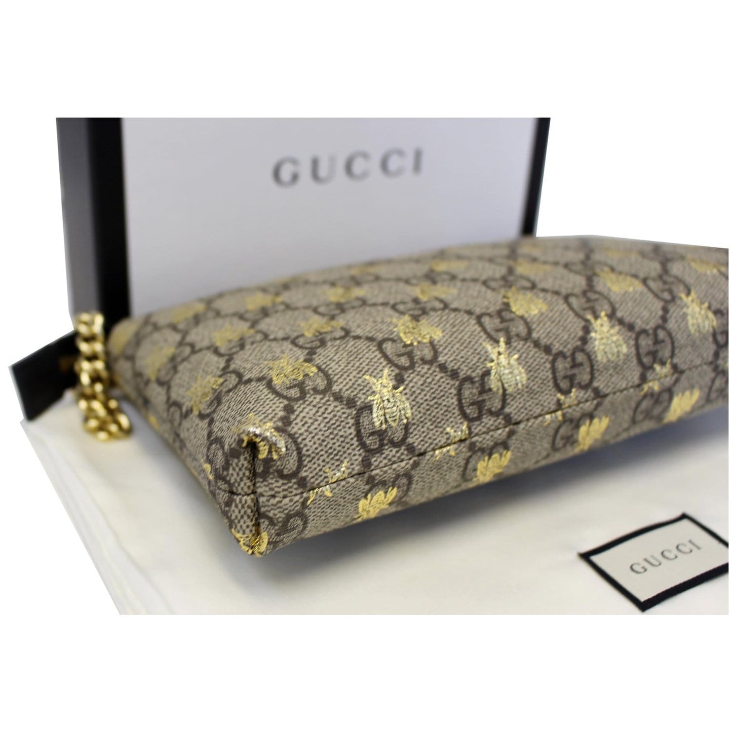 GUCCI Linea Bee GG Supreme Wristlet Handbag Beige/Gold