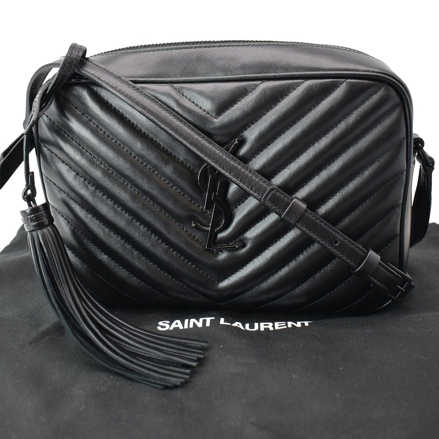 YVES SAINT LAURENT Lou Chevron Leather Camera Crossbody Bag Black