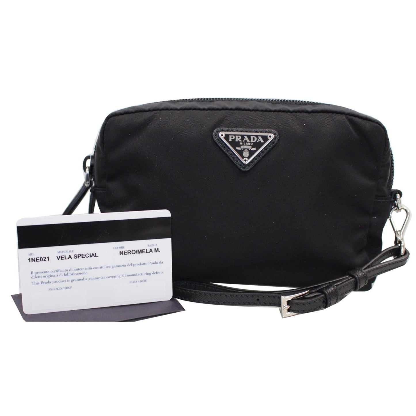 PRADA Logo Round Edge Nylon Cosmetic Wristlet Pouch Black 1NE021