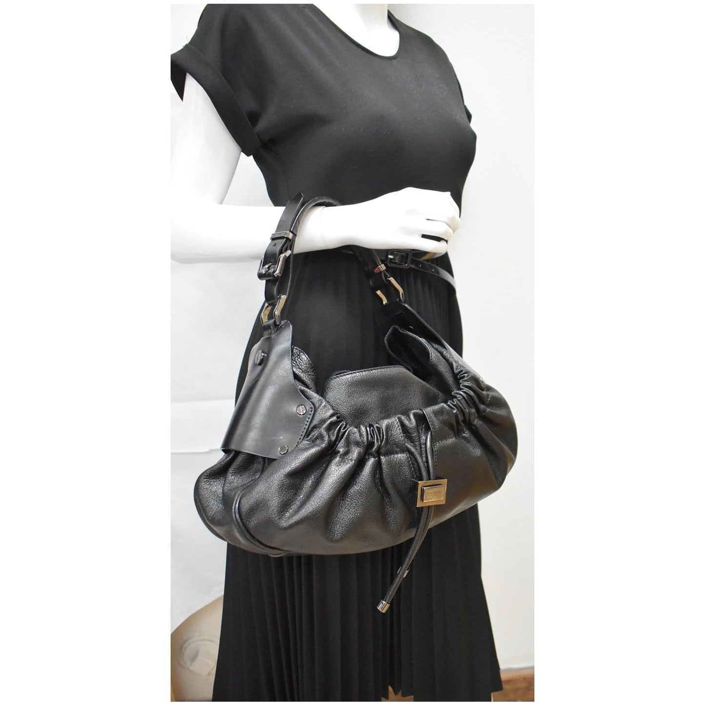 BURBERRY Warrior Drawstring Leather Hobo Bag Black