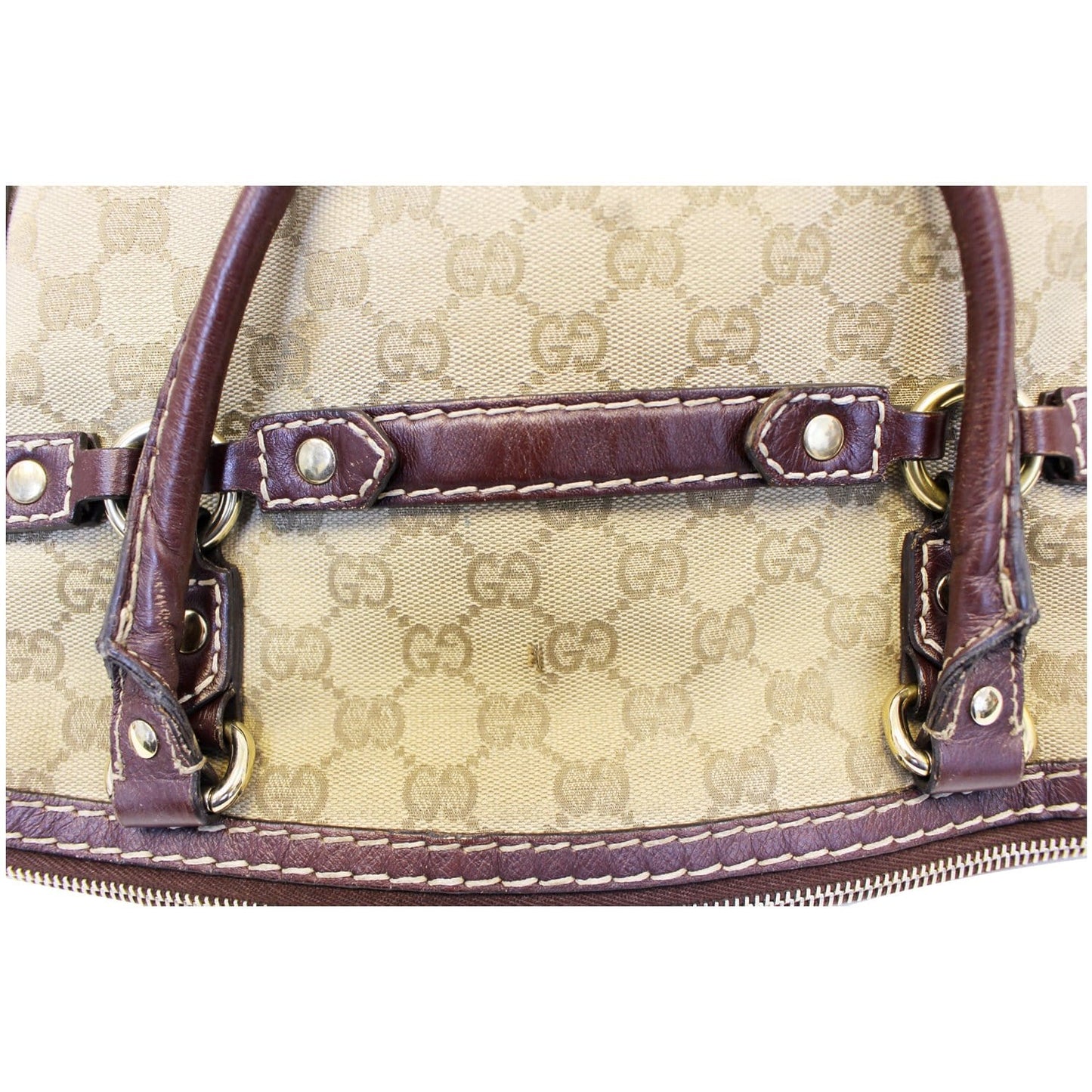 GUCCI Beige GG Canvas Horsebit Nail Medium Boston Bag
