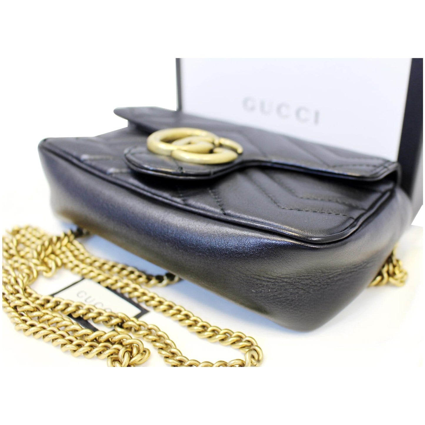 GUCCI GG Marmont Matelasse Black Leather Super Mini Crossbody Bag