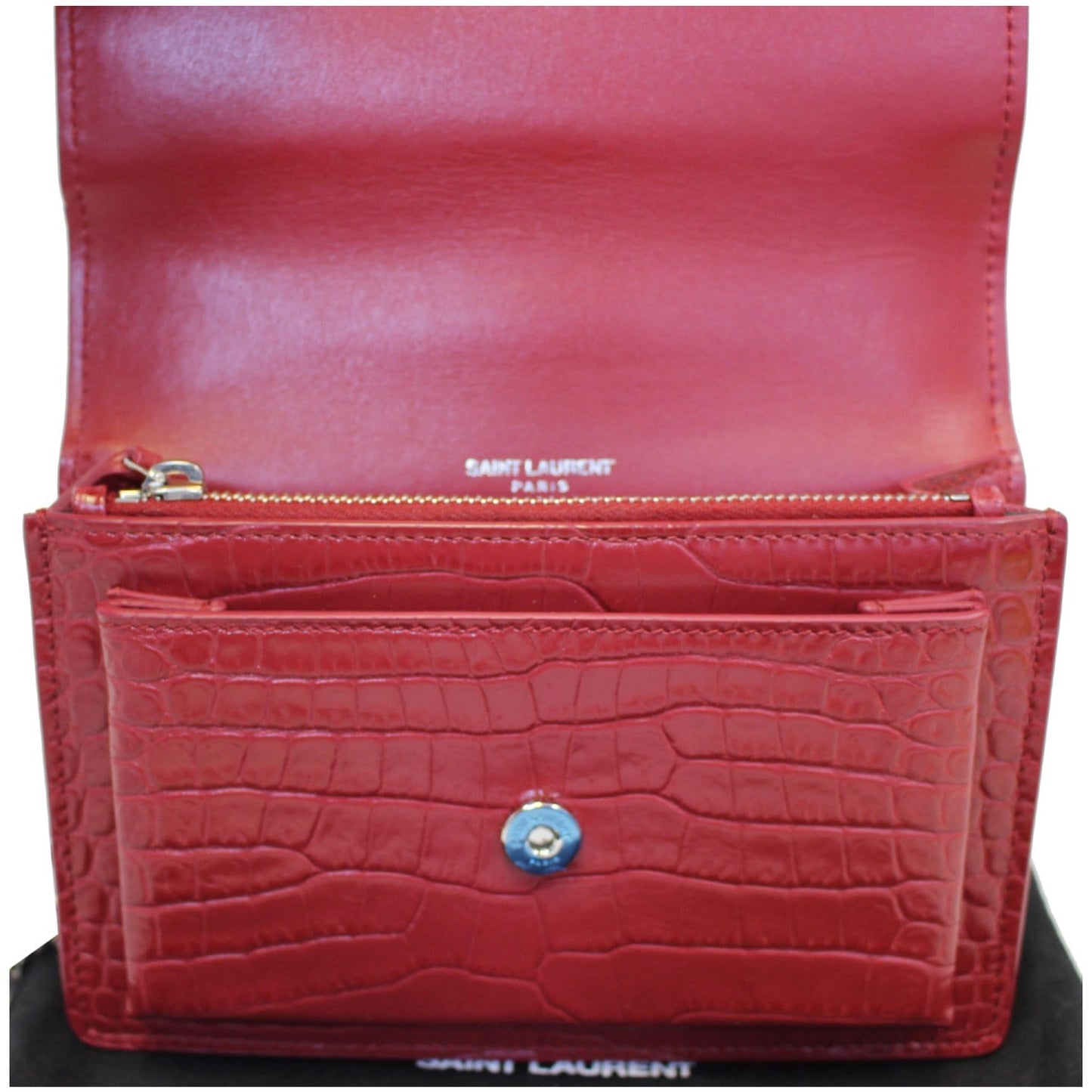 YVES SAINT LAURENT Sunset Crocodile-Embossed Wallet on a Chain Bag Red