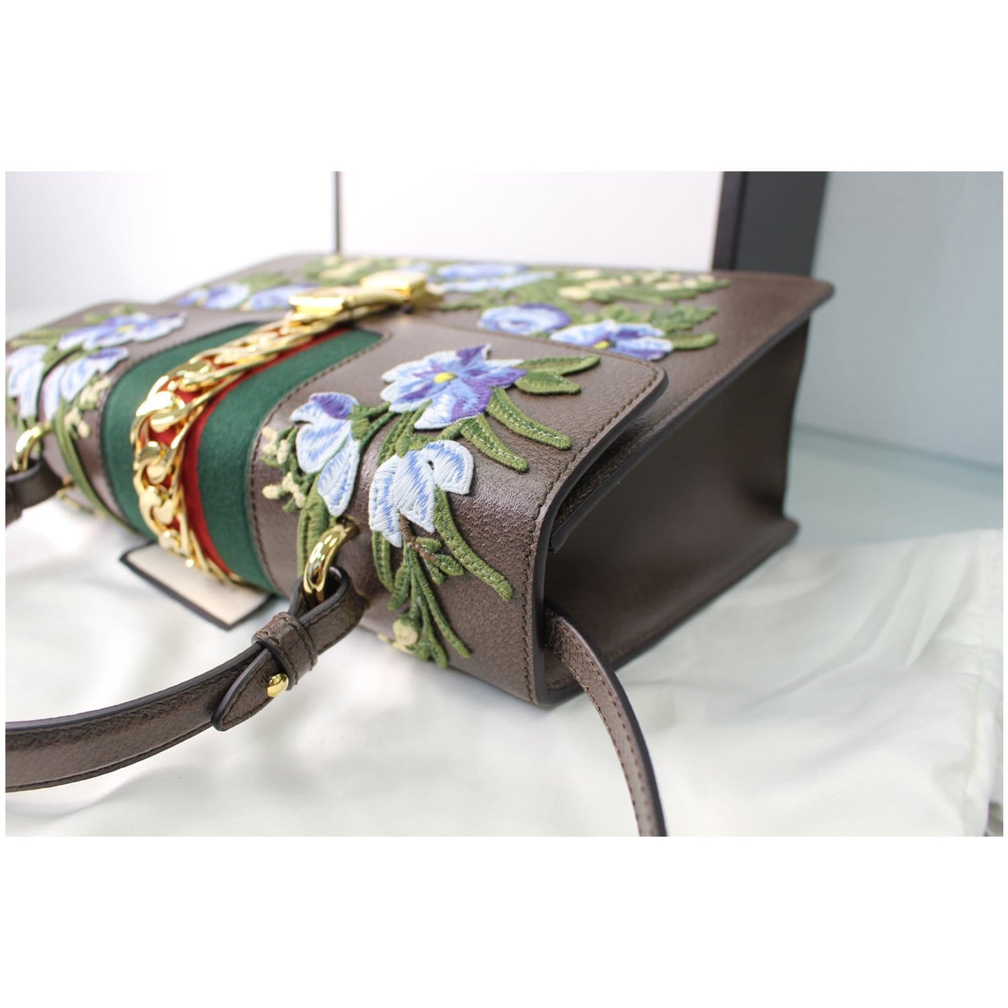 GUCCI Sylvie Embroidered Leather Medium Top Handle Bag Brown 431665